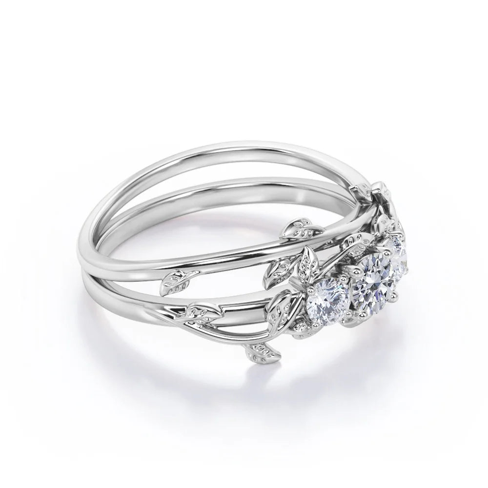1 Carat Round Brilliant Cut Moissanite Triple Stone Wedding Ring Set in 18K White Gold Plating over Silver J94613