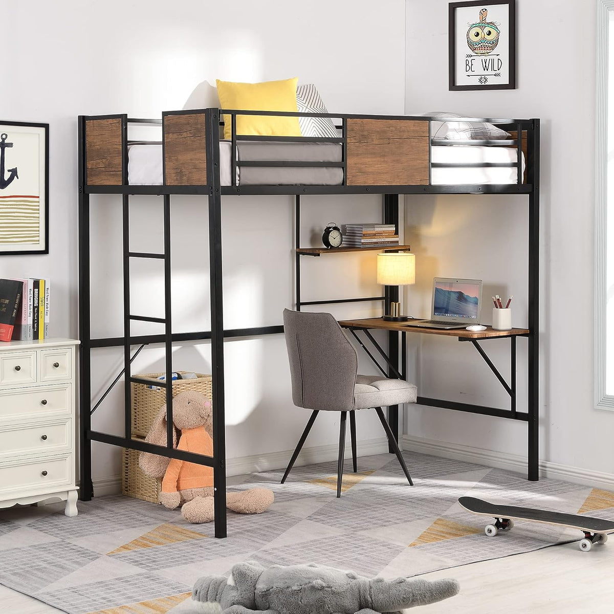 Twin Size Low Loft Bed with Slide, Storage Staircase, Safety Guardrails, Solid Pine Wood Bedframe, White X1988