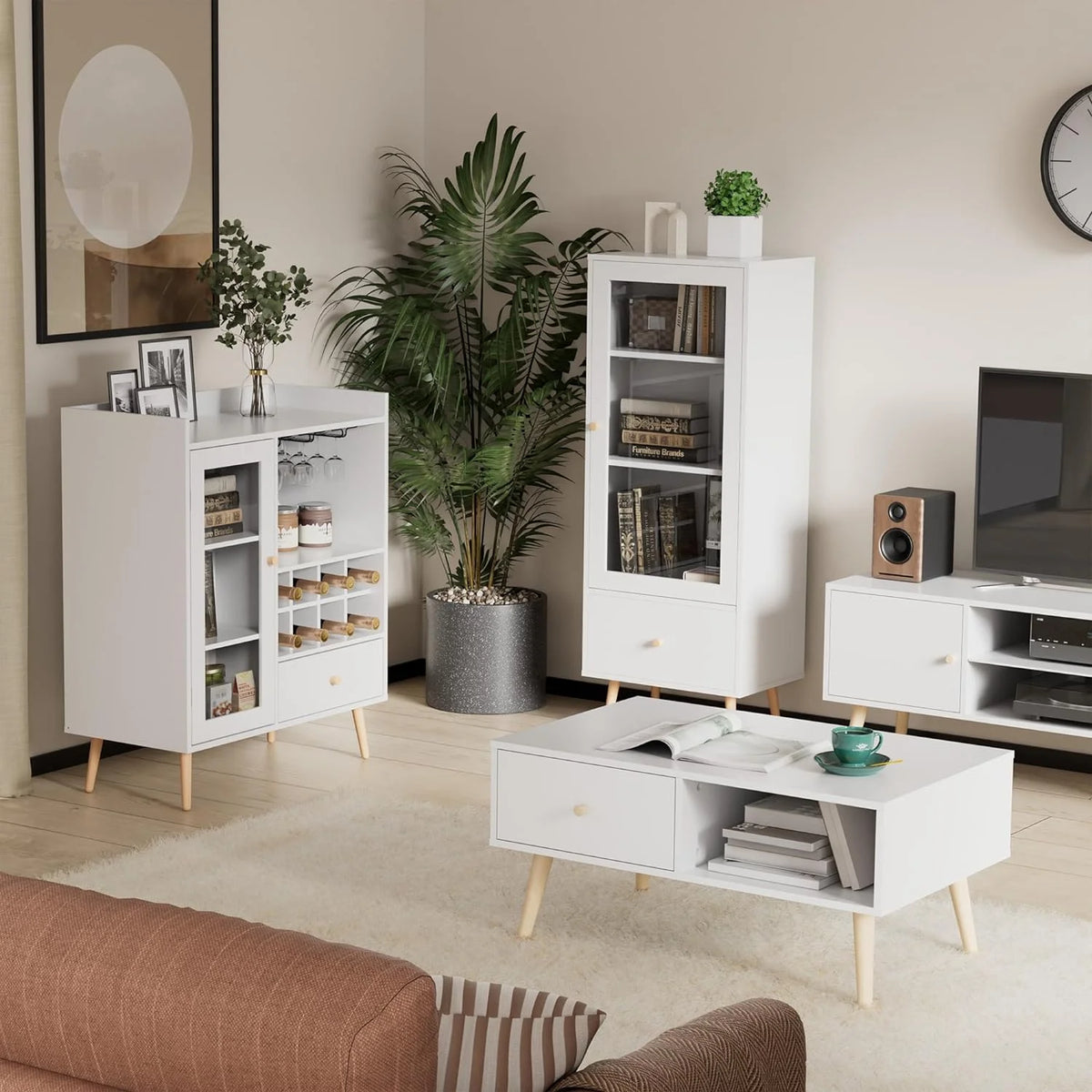White Coffee Bar Cabinet with Storage, Mid-Century Modern Buffet Sideboard with Removable Wine Rack, Acrylic Door S232389