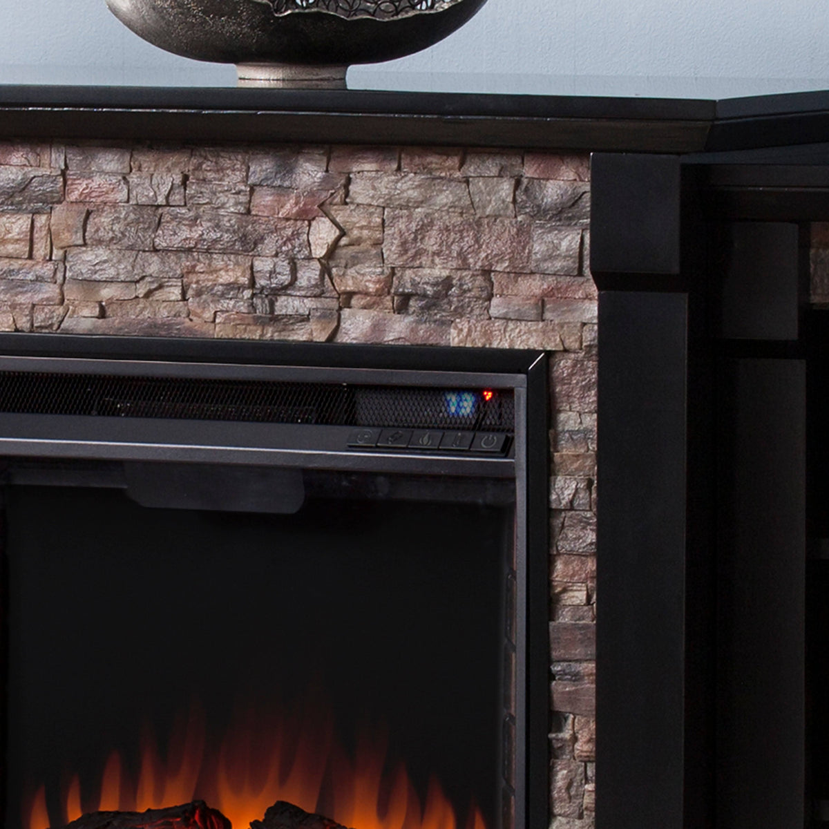 Black Faux Stone Electric Fireplace with Bookcases X33459