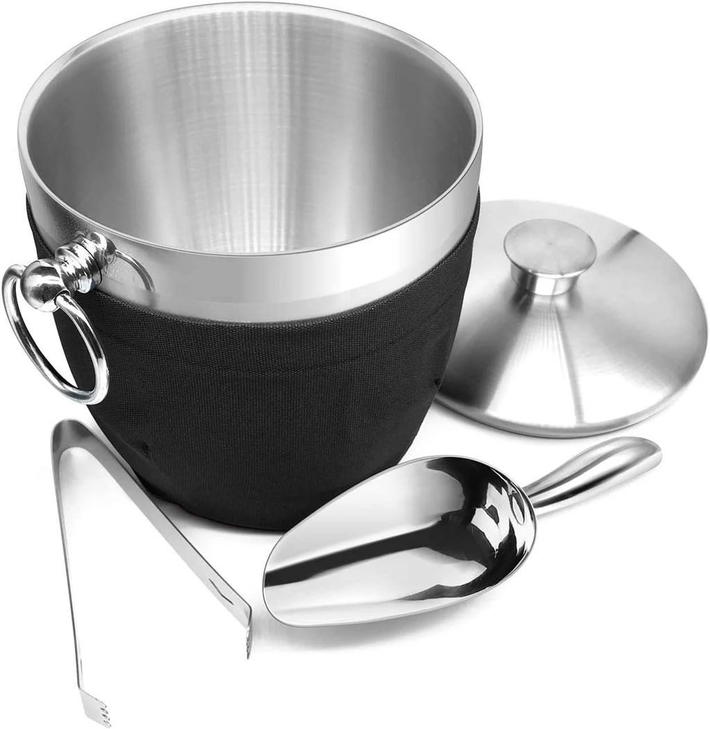 Black Double Walled Stainless Steel Insulated Ice Bucket with Nylon Holder R6773