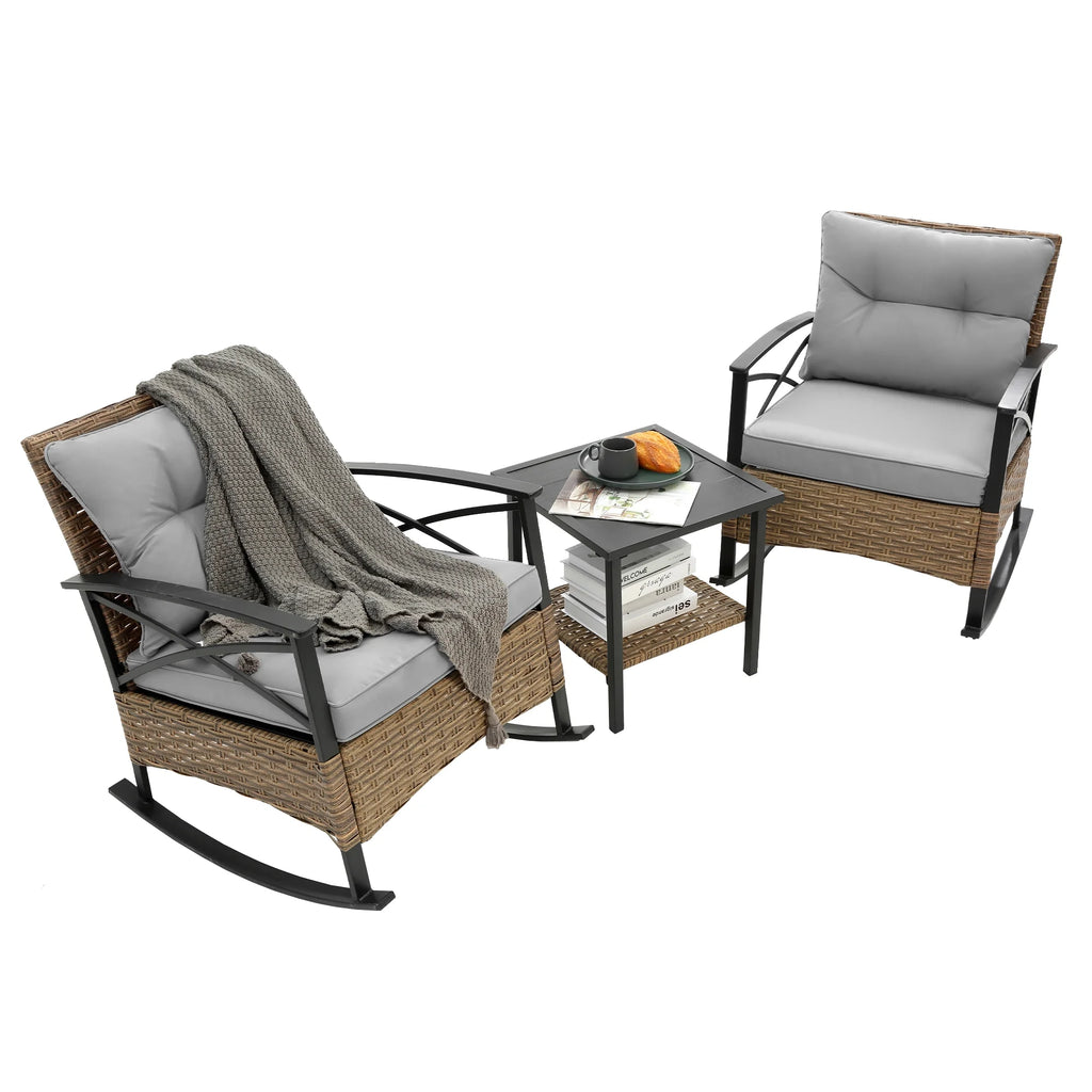 Grey Rattan Rocking Chair Set of 3 S876
