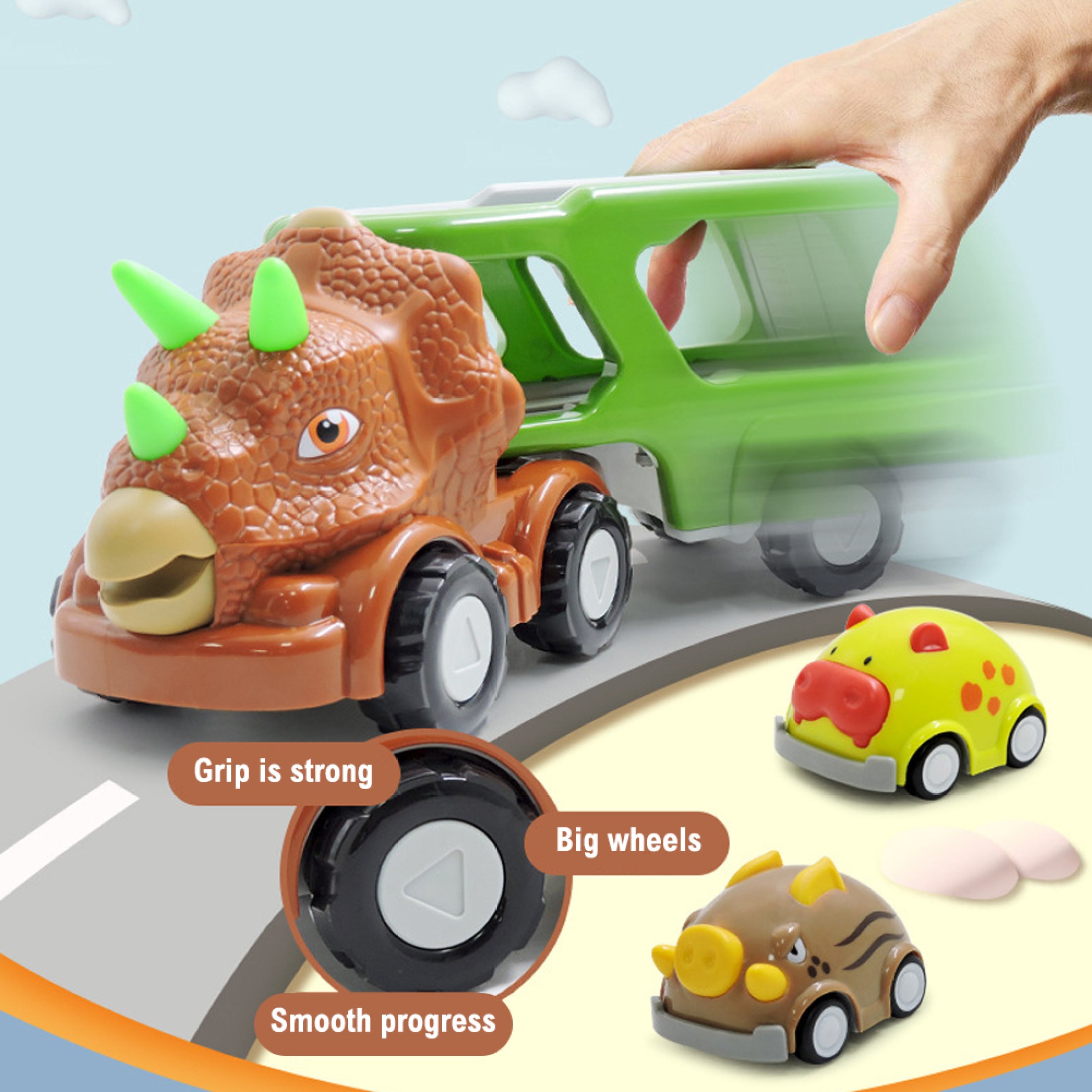 Double-decker Dinosaur Car Toy Transport Carrier Truck with 8 Small Pull Back Dino Car Friction Power Vehicle T646169