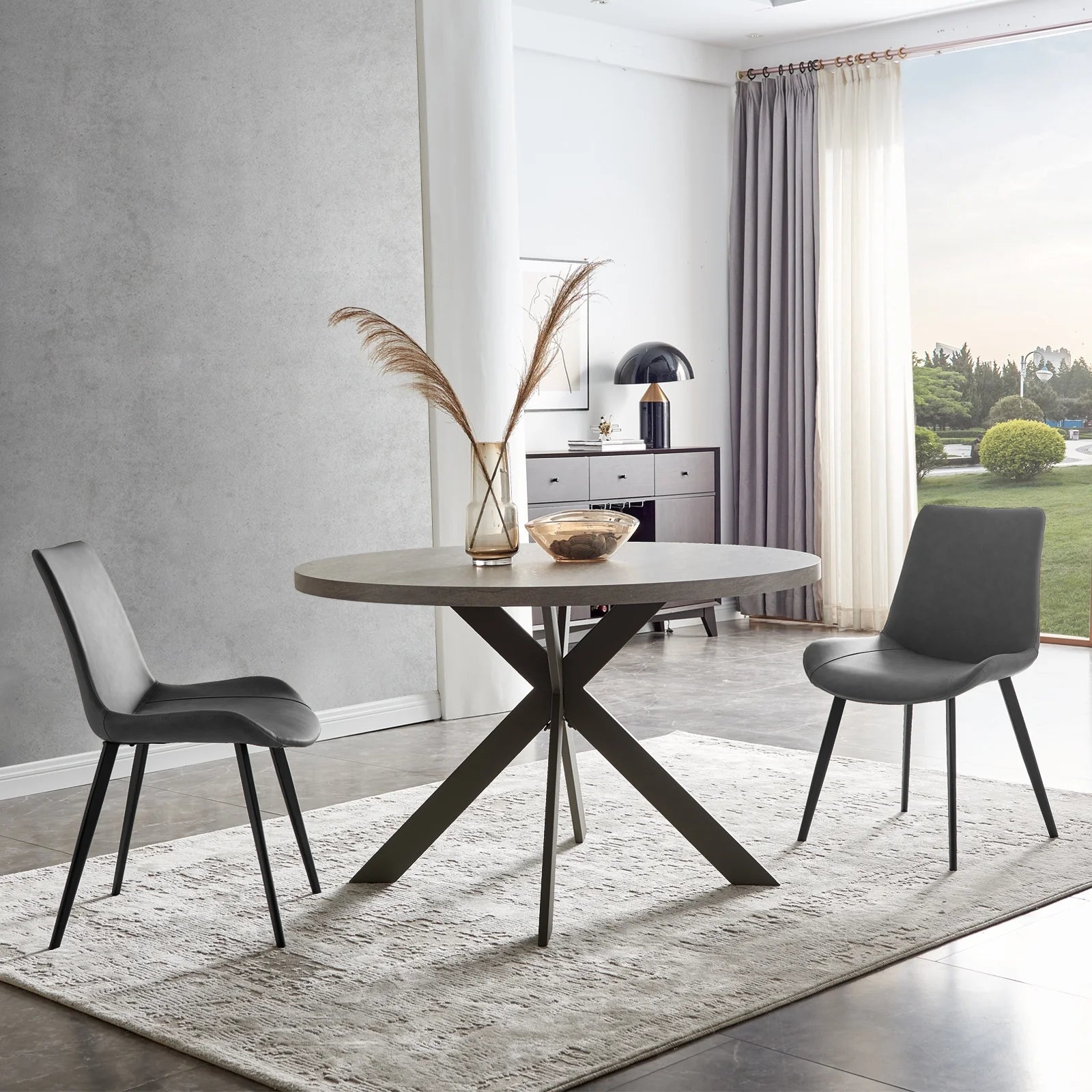 Round Dining Table Set with Steel Legs and 2 Brown Chairs Y33608
