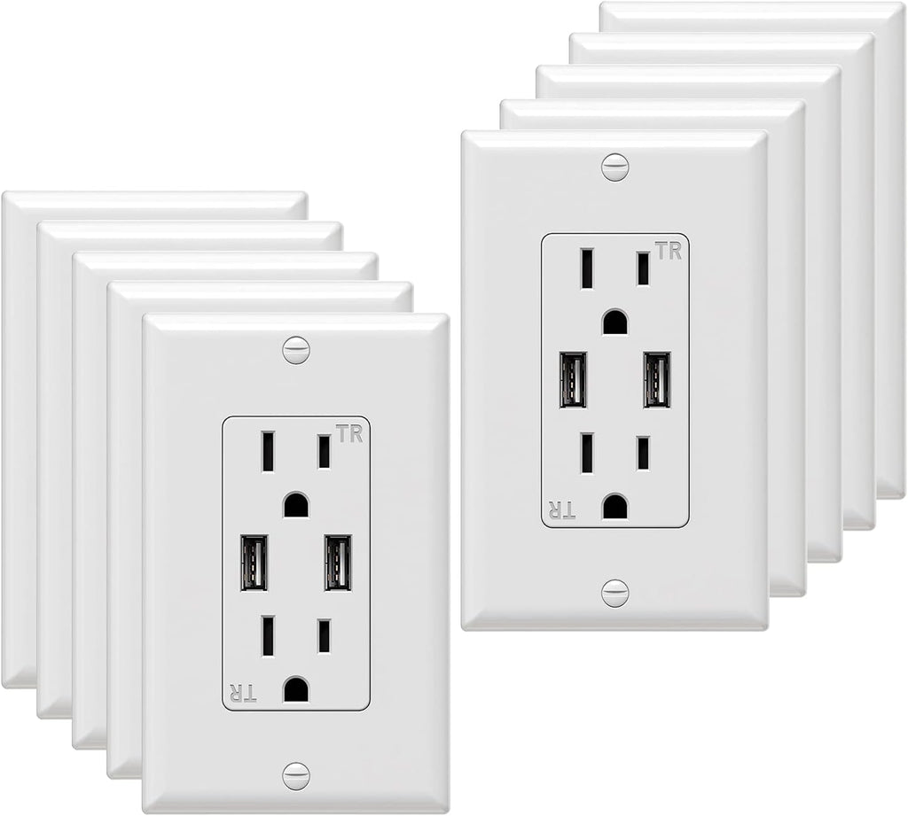 White USB Wall Outlet 15A/125V Receptacle 10 Pack Wall Plate Include Pack of 2 J632