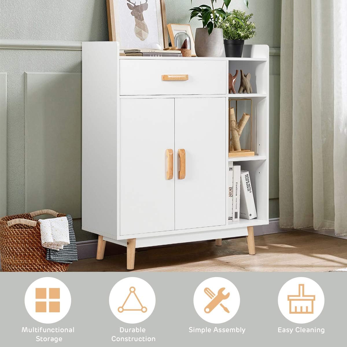 White Floor Storage Cabinet with 1 Drawer, 2 Doors, 3 Shelves I952