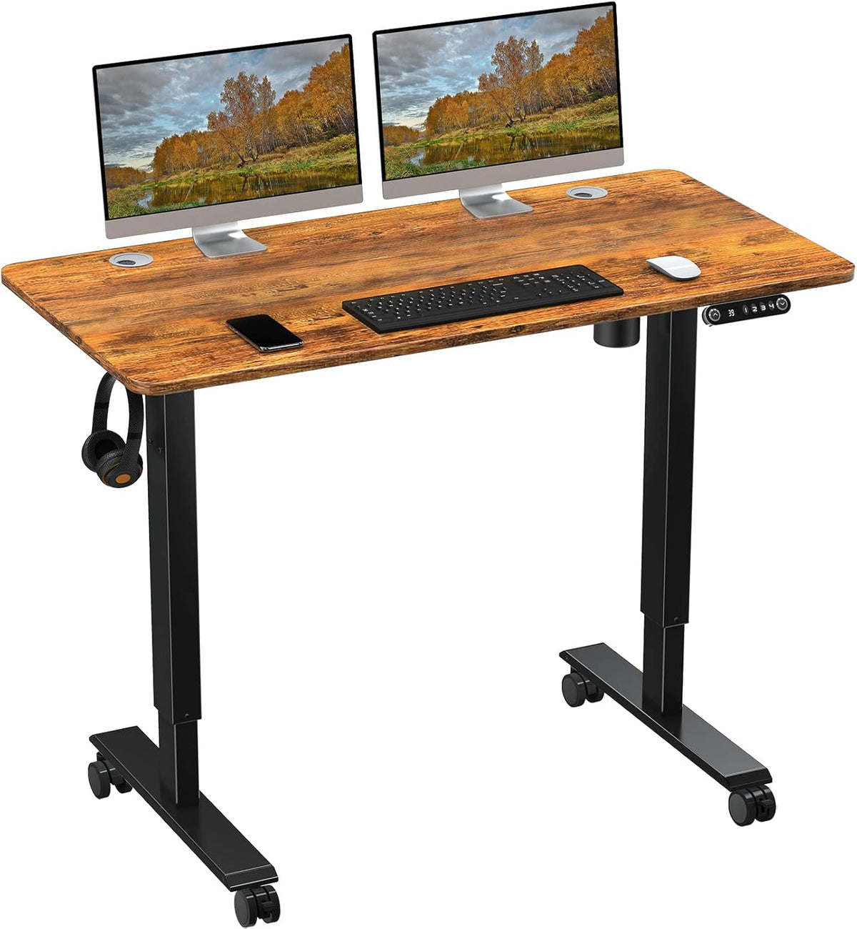 48 x 24 inch Walnut Top Black Frame Electric Standing Desk with Casters Y5204