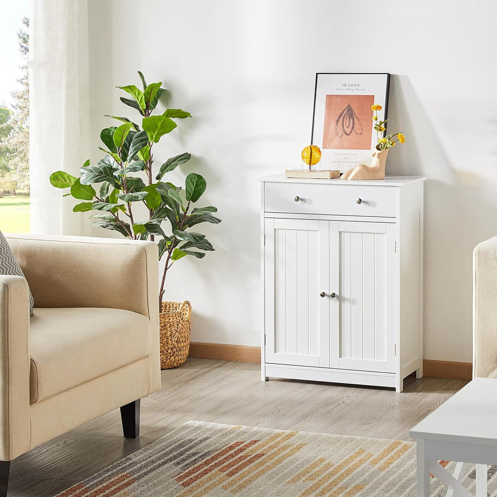 White 23.6in L x 11.8in W x 31.5in H Wooden Bathroom Cabinet with 1 Drawer 2 Doors and Adjustable Shelf H55063
