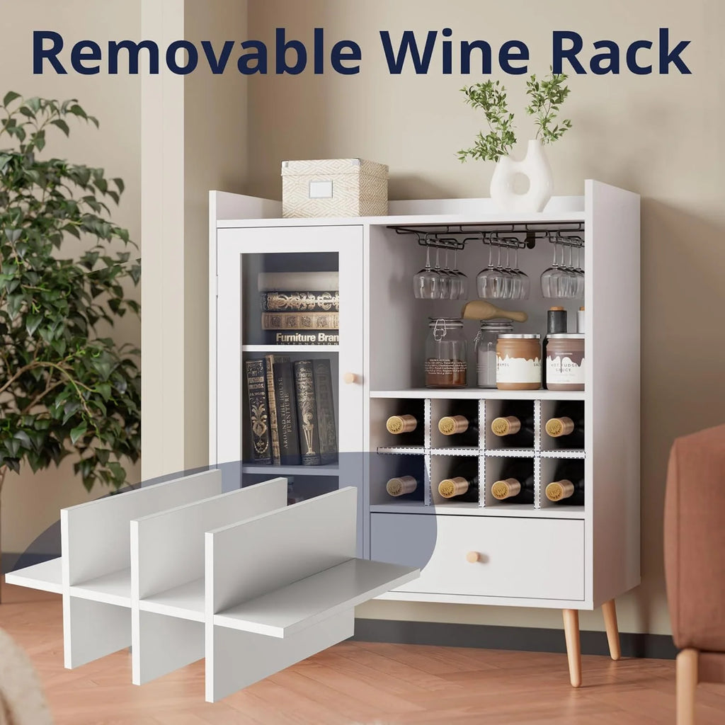 White Coffee Bar Cabinet with Storage, Mid-Century Modern Buffet Sideboard with Removable Wine Rack, Acrylic Door S232389