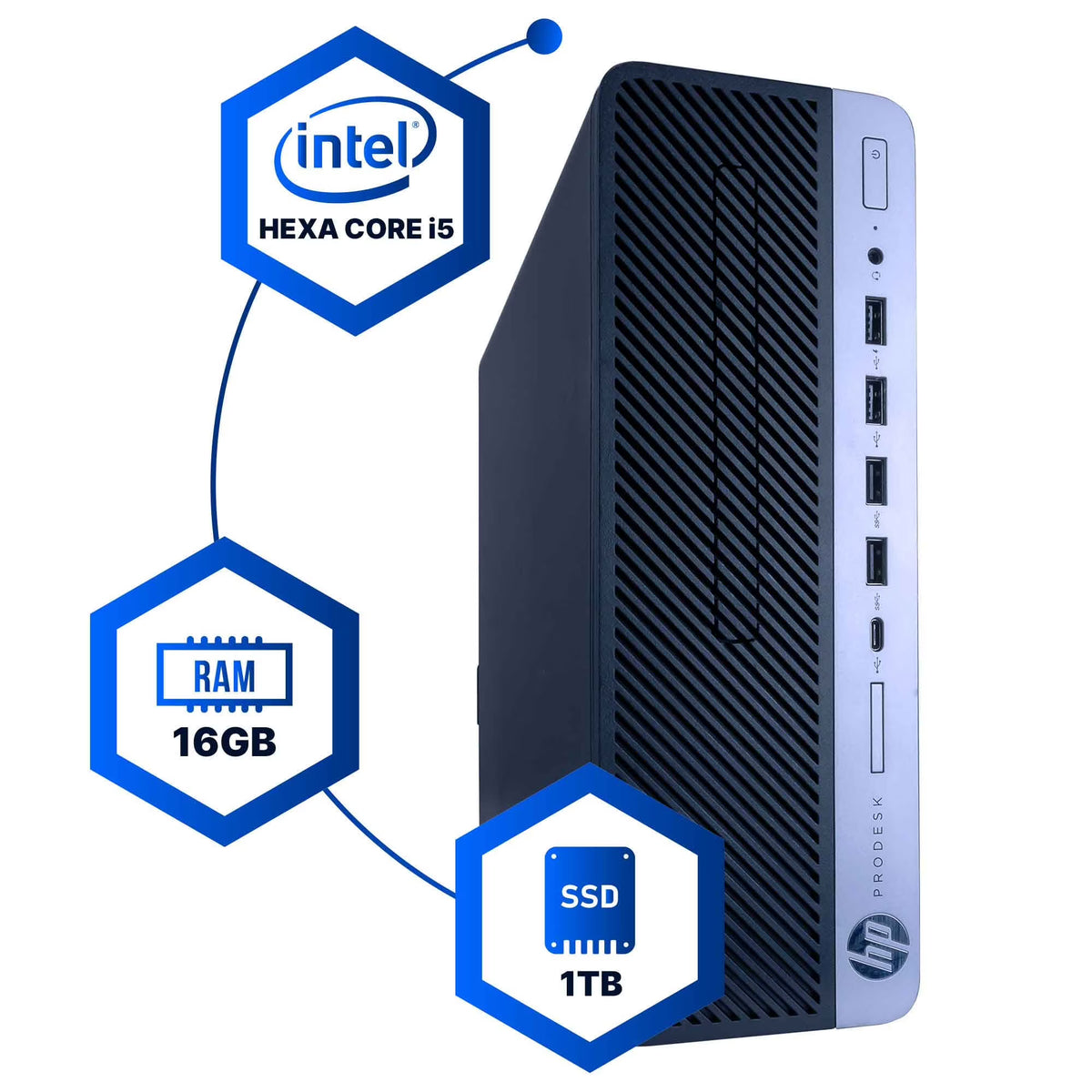 Refurbished Hexa Core Intel i5 Desktop Computer, 16GB DDR4 RAM, 1TB SSD, Windows 11 Professional G779683