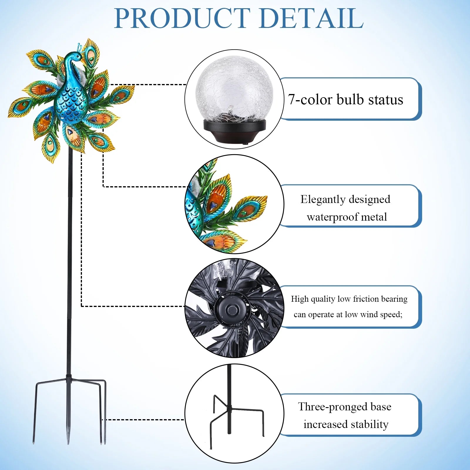 Solar Wind Spinner Outdoor Metal Kinetic Wind Spinner with LED Lighting Glass Ball Peacock Wind Spinner with Stake W24421