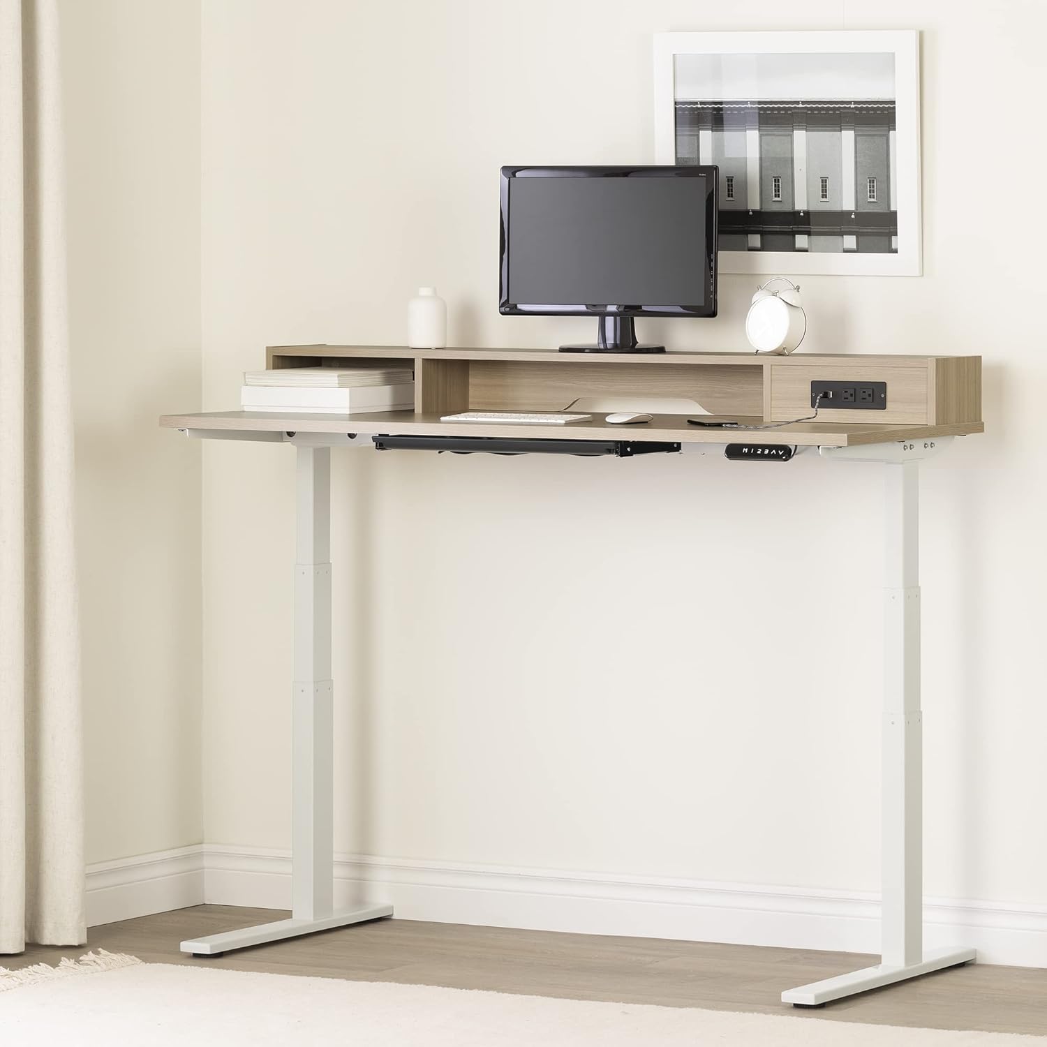 Adjustable Height Standing Desk with Built In Power Bar Soft Elm and Matte Black C6433