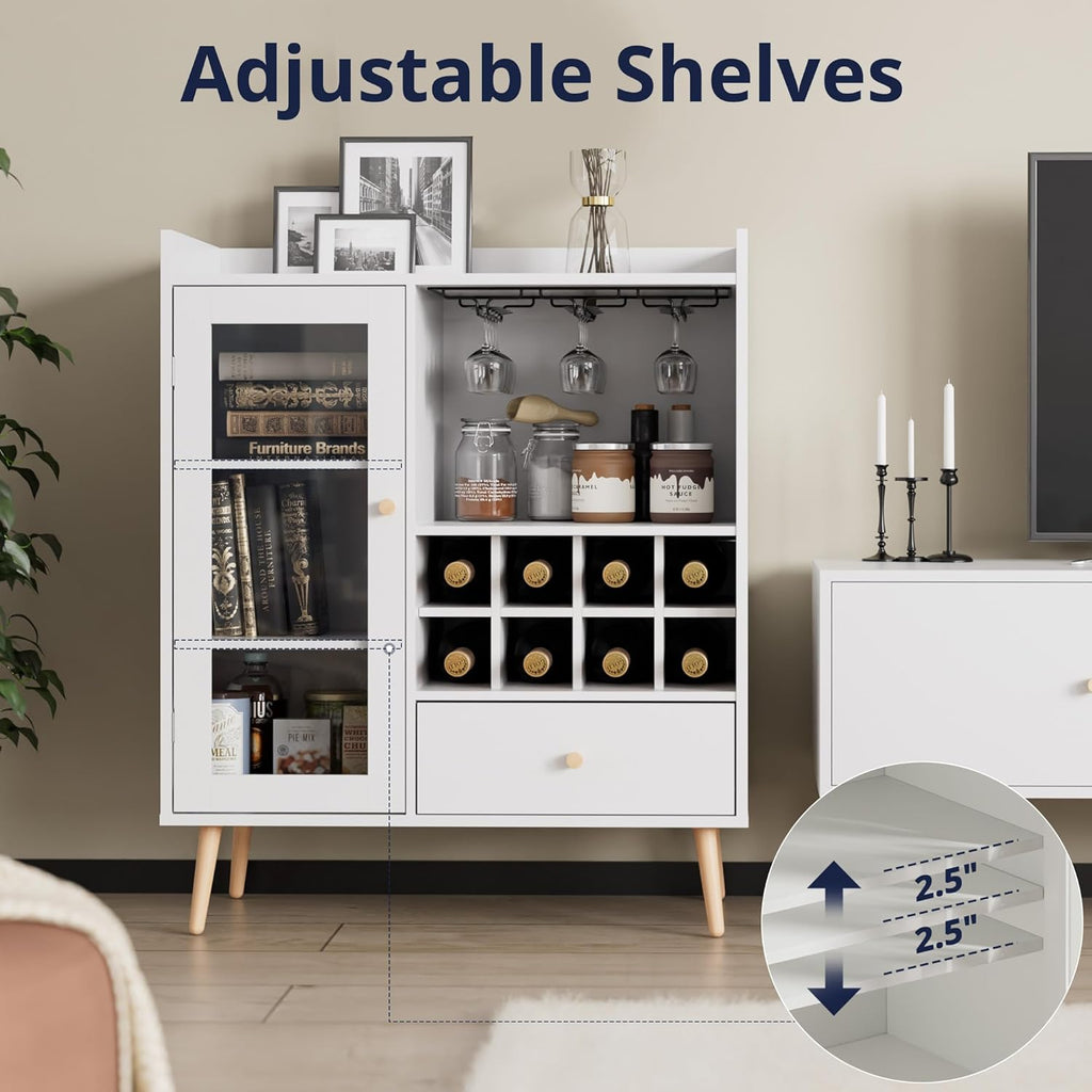 White Coffee Bar Cabinet with Storage, Mid-Century Modern Buffet Sideboard with Removable Wine Rack, Acrylic Door S232389
