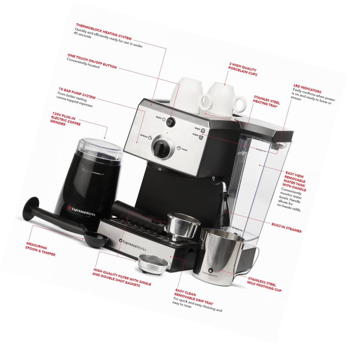 7 PC Espresso Machine and Cappuccino Maker with Built-in Steamer and Frother R67953