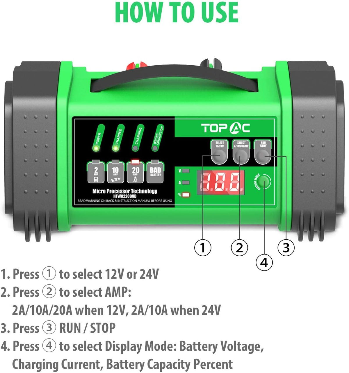12 Volt 2/10/20A, 24 Volt 2/10A Smart Car Battery Charger Pack of 2 D563054