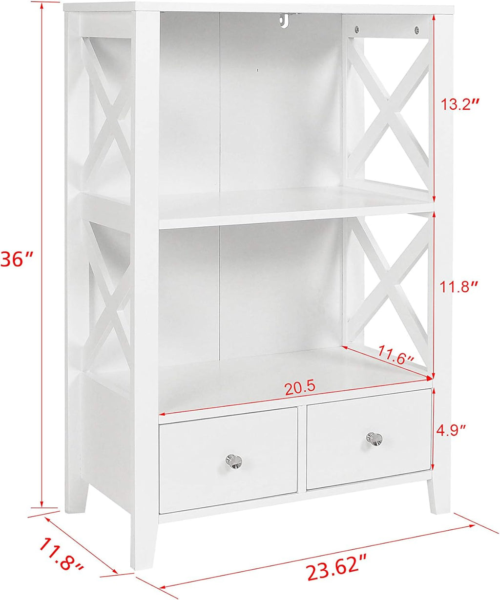 White Freestanding 3-Shelf Bathroom Storage Tower with Two Drawers D529