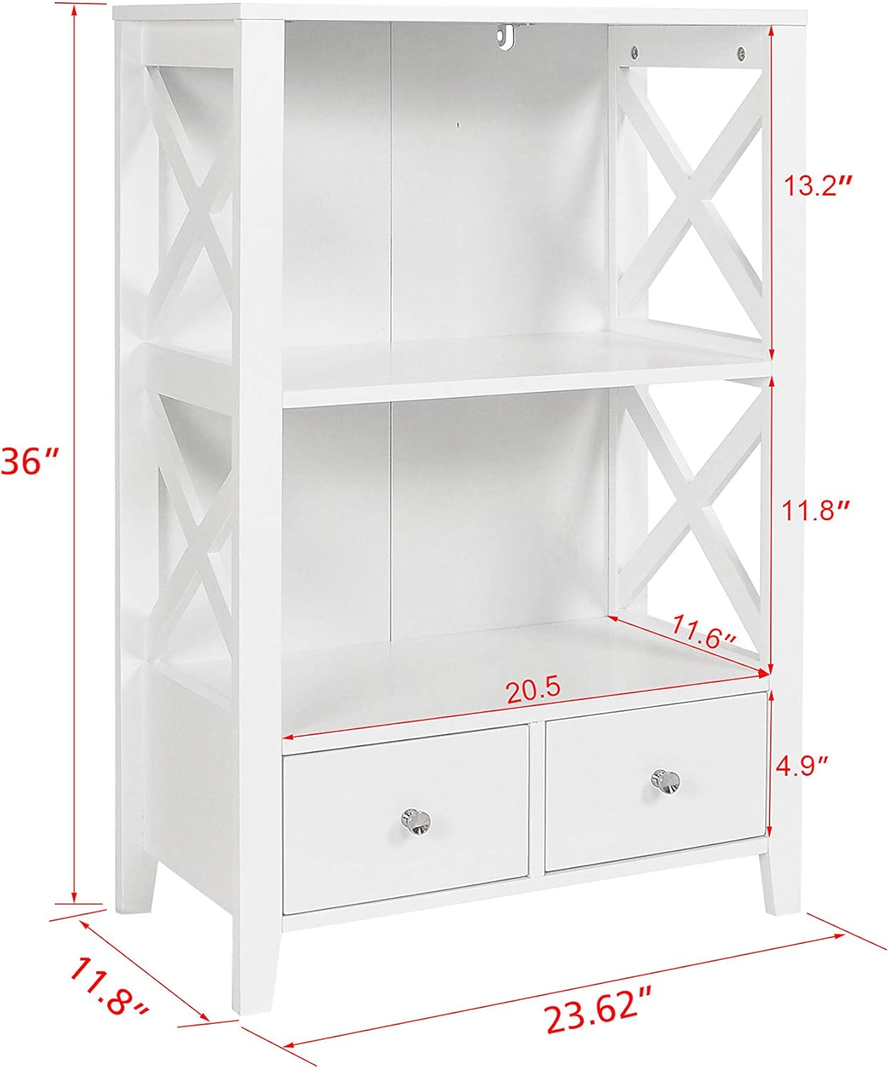 White Freestanding 3-Shelf Bathroom Storage Tower with Two Drawers D529