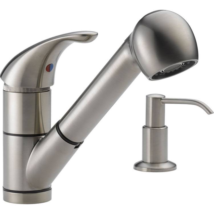 Single-Handle Pull-Out Kitchen Faucet with Soap Dispenser J33048