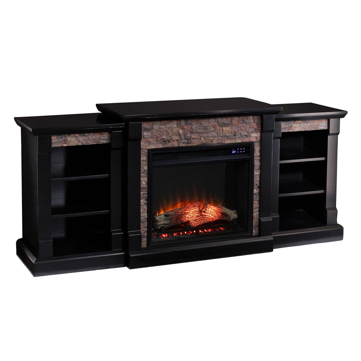 Black Faux Stone Electric Fireplace with Bookcases X33459