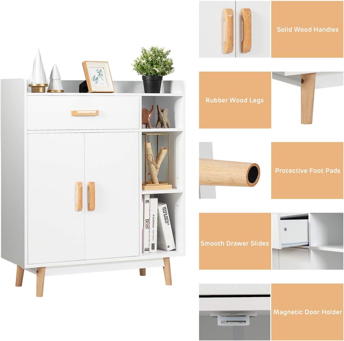 White Floor Storage Cabinet with 1 Drawer, 2 Doors, 3 Shelves I952