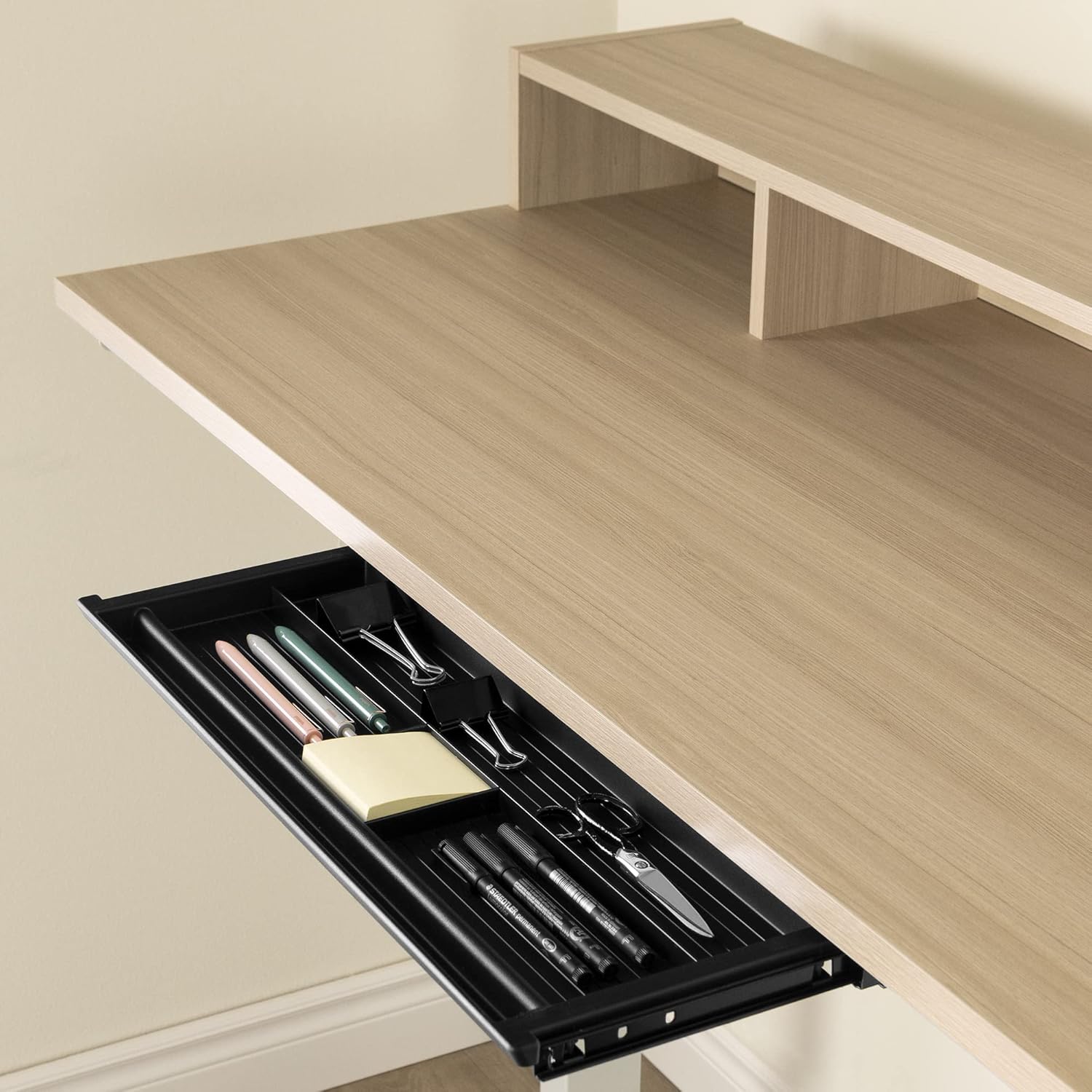 Adjustable Height Standing Desk with Built In Power Bar Soft Elm and Matte Black C6433