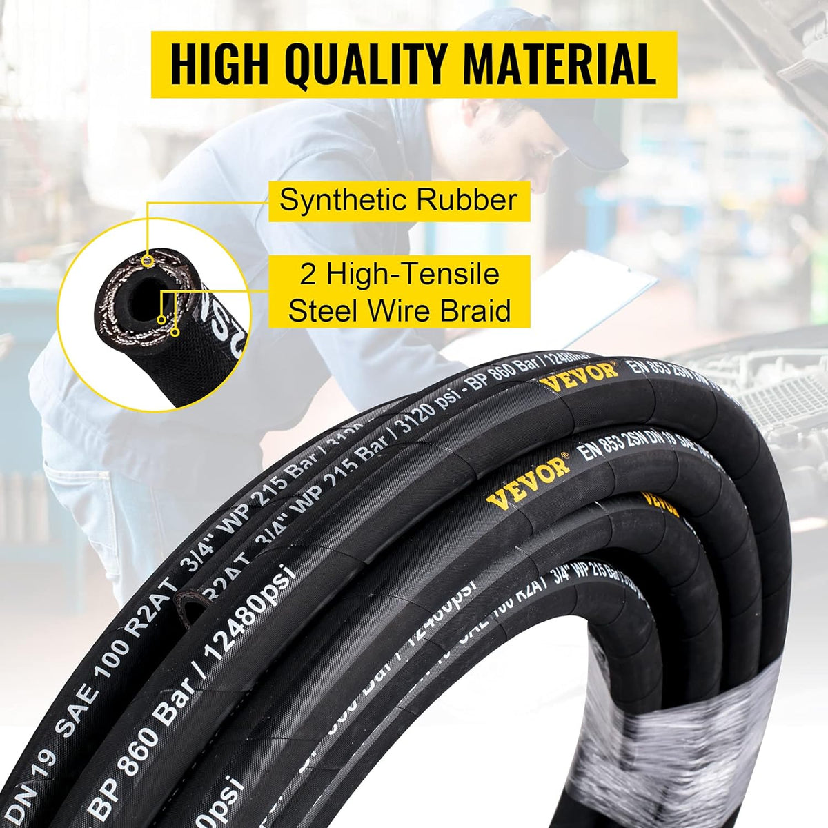 Hydraulic Hose 3/4 inch x 50 ft, 3120 PSI Rubber with 2 High-Tensile Steel Wire Braid X5150
