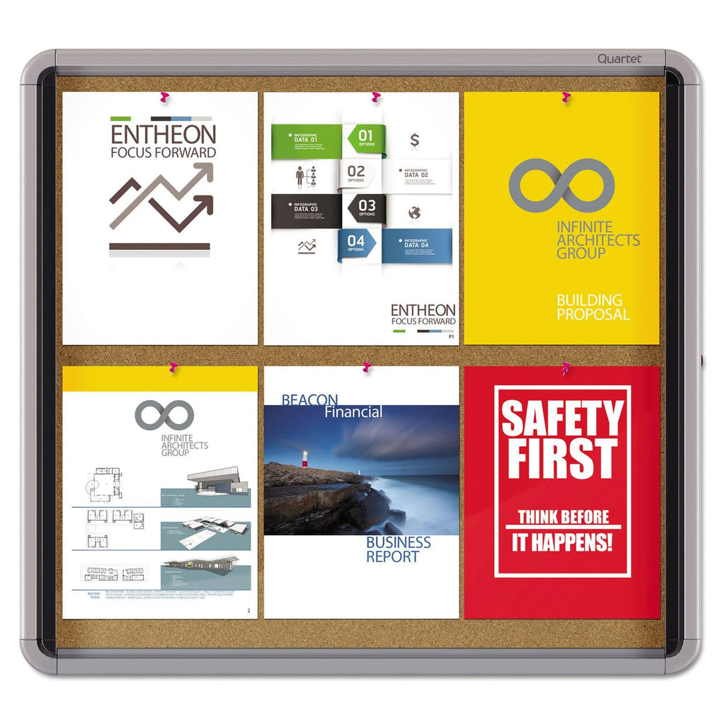 Enclosed Cork Bulletin Board with Swing Door, 30 x 27, Silver Aluminum Frame C613