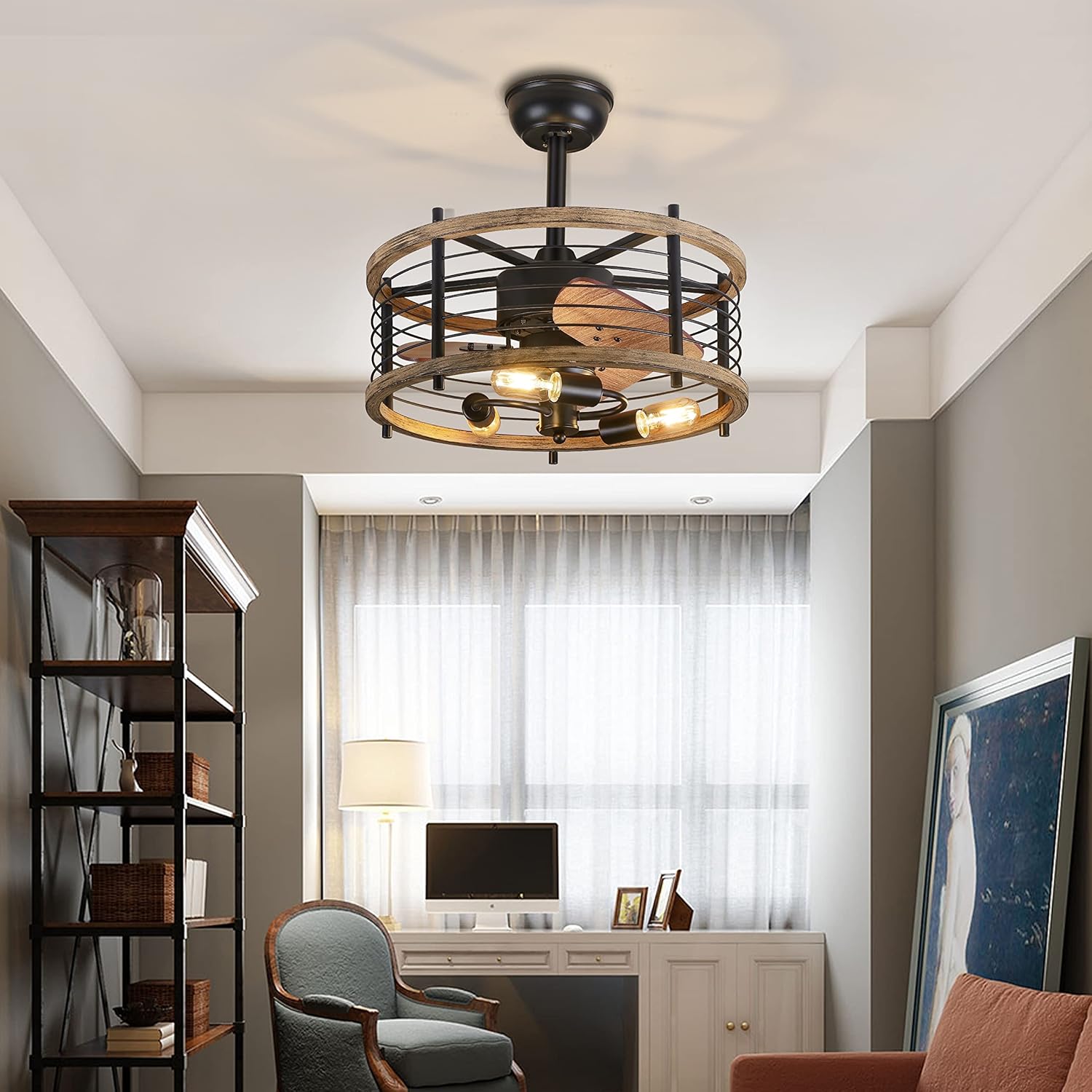 20-inch Caged Ceiling Fan with Light, Reversible, Remote, Bladeless B93208