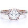 1.5 Carat Cushion Cut Halo Moissanite Bridal Ring Set in 18k Rose Gold Over Silver Q580