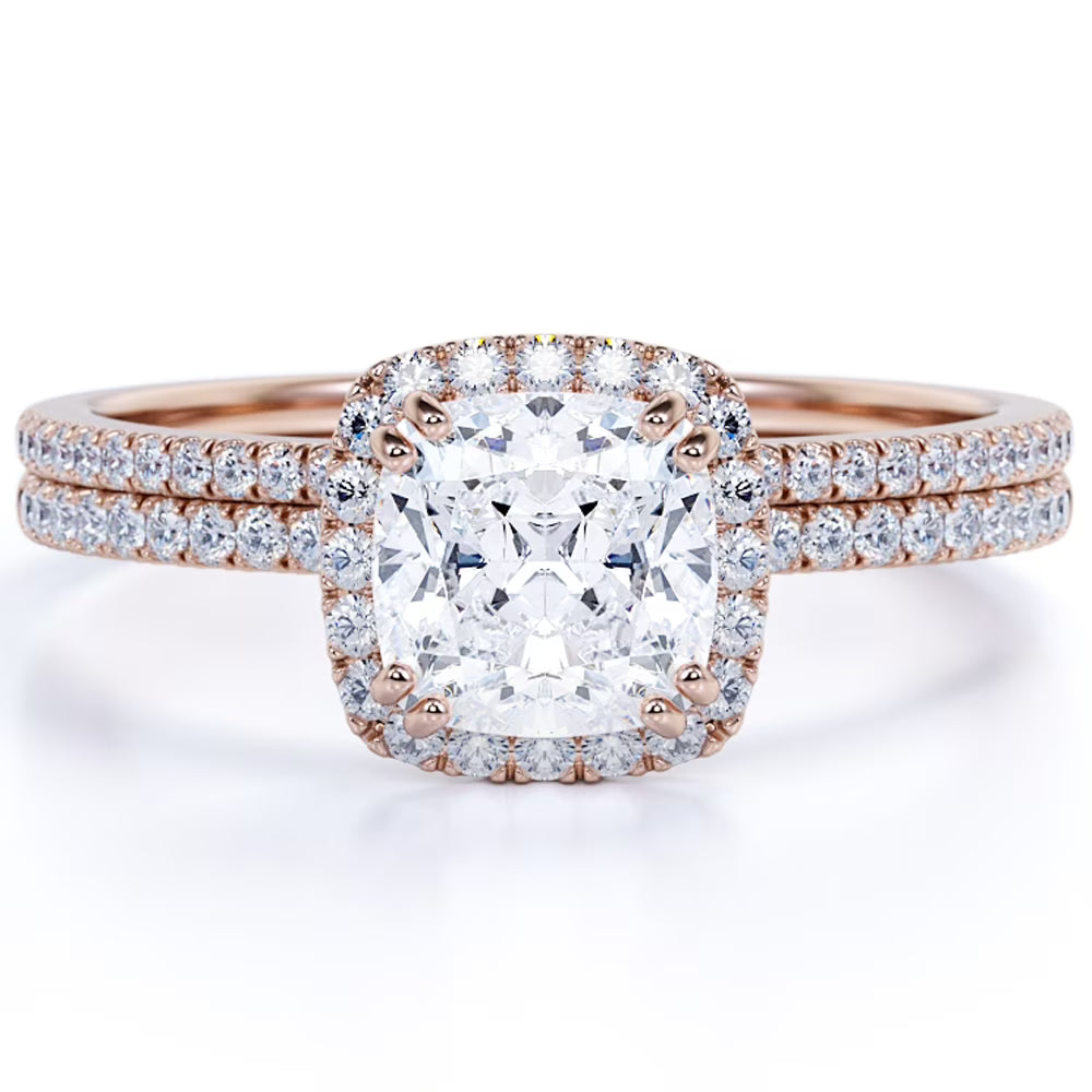 1.5 Carat Cushion Cut Halo Moissanite Bridal Ring Set in 18k Rose Gold Over Silver Q580