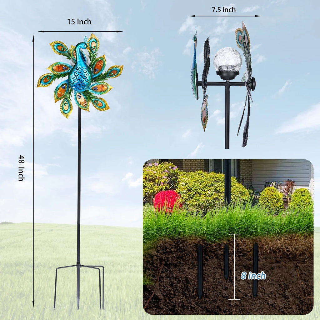 Solar Wind Spinner Outdoor Metal Kinetic Wind Spinner with LED Lighting Glass Ball Peacock Wind Spinner with Stake W24421