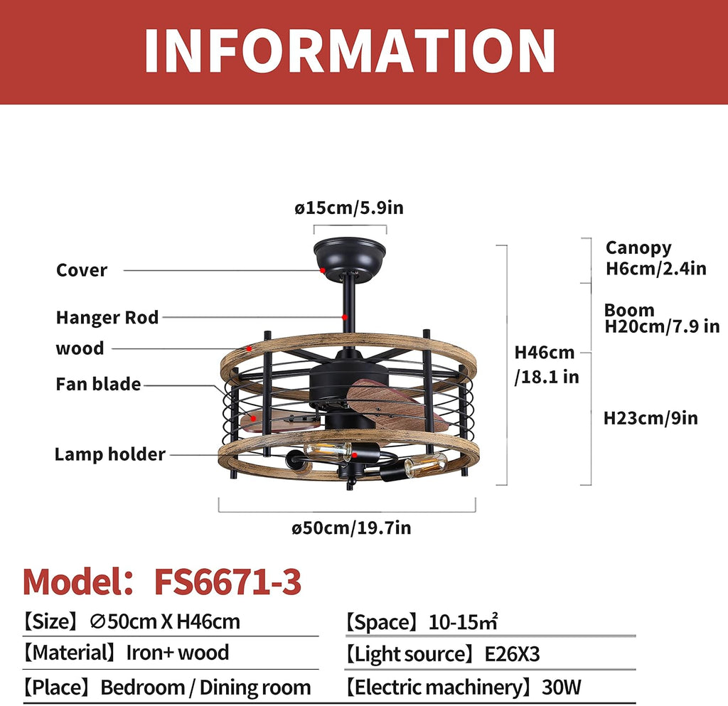 20-inch Caged Ceiling Fan with Light, Reversible, Remote, Bladeless B93208