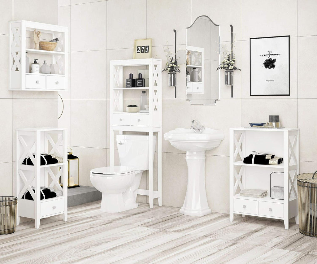 White Freestanding 3-Shelf Bathroom Storage Tower with Two Drawers D529