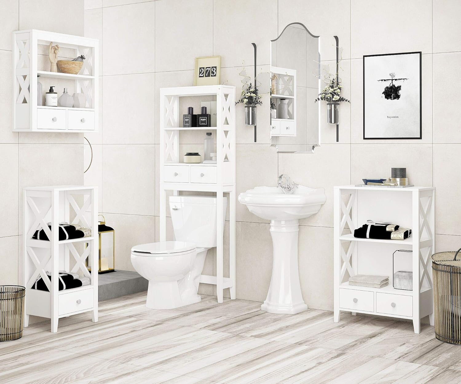 White Freestanding 3-Shelf Bathroom Storage Tower with Two Drawers D529