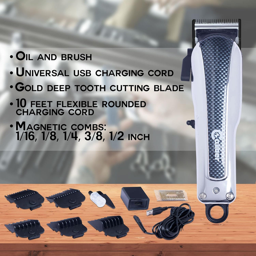 Cordless Electric Hair Clippers with 5 Comb Guards, Blade, Oil, USB Charging Cord & Brush D750