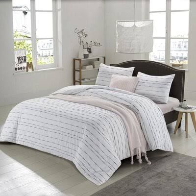 White/Dark Gray Queen Cotton Duvet Cover Set with 2 Standard Shams V46288