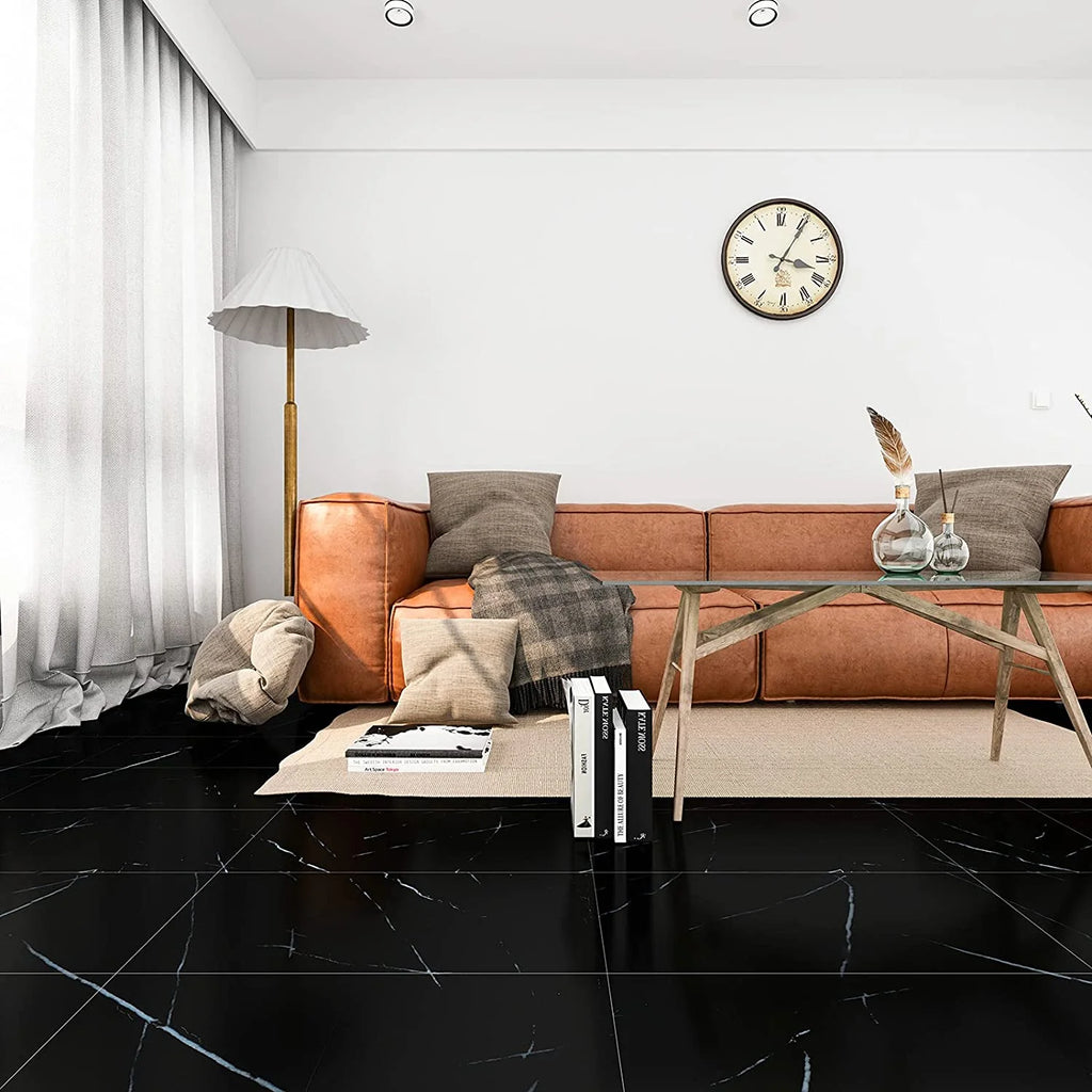 24-Pack Peel and Stick Vinyl Floor Tile 12"x24" Black Marble S134195