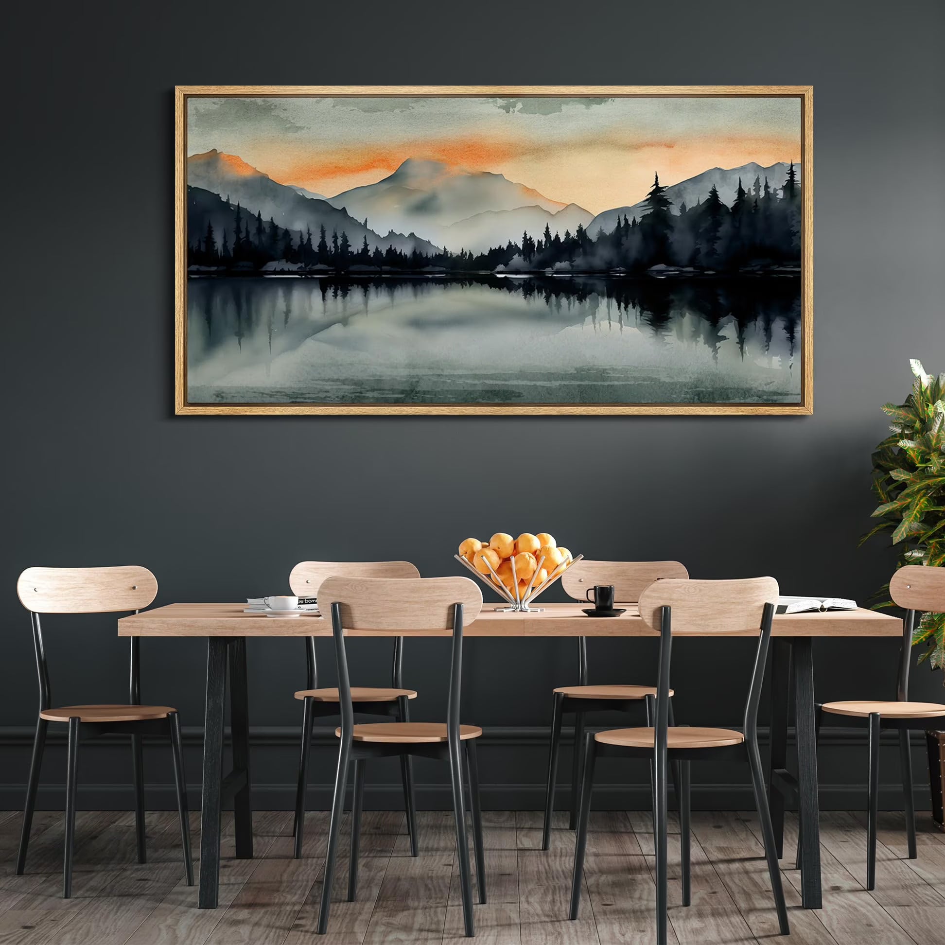 Extra Large Framed Canvas Print Wall Art Sunset Mountain Range & Lake Panoramic Modern Art Nature Wilderness Retro Wall Decorative Oversized Artwork Relax/Calm for Living Room - 60"x30" C392