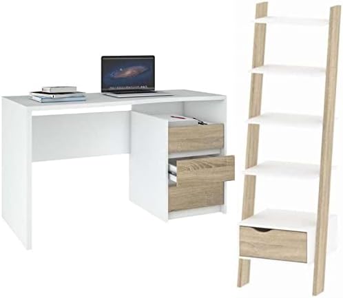 2 Piece Bookcase and Writing Desk Set in White and Oak V5050