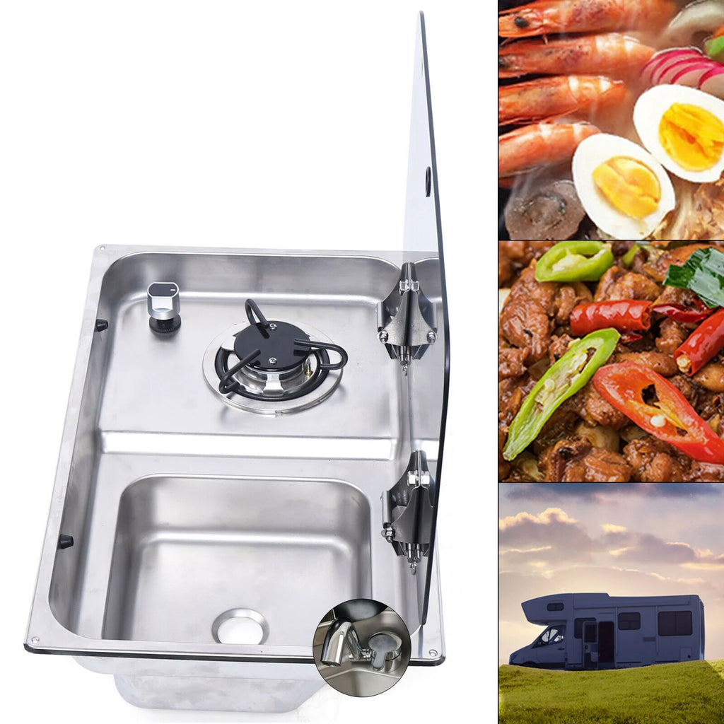 RV Gas Stove 1 Burner With Sink & Faucet Combo w/ Glass Lid S766378
