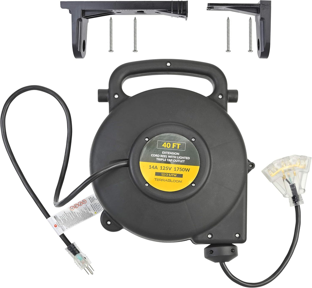 40 Ft 12/3 Retractable Extension Cord Reel with 3 Electrical Outlets N881391