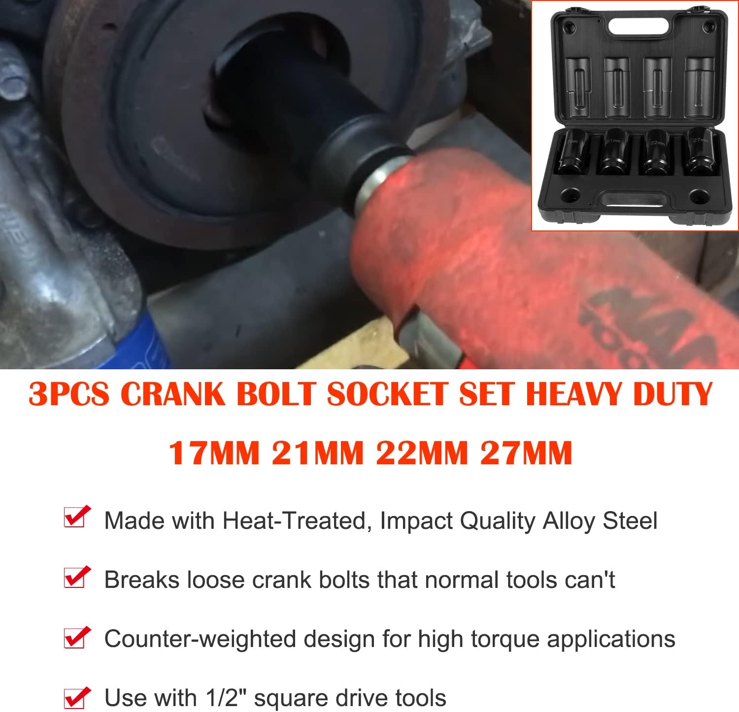 4pcs 1/2 Inch Drive Deep Impact Socket Set 17mm 21mm 22mm 27mm with Storage Case Z5772