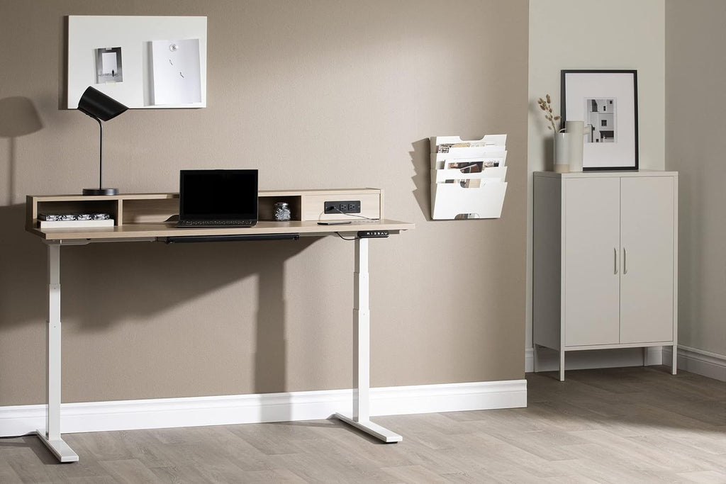Adjustable Height Standing Desk with Built In Power Bar Soft Elm and Matte Black C6433