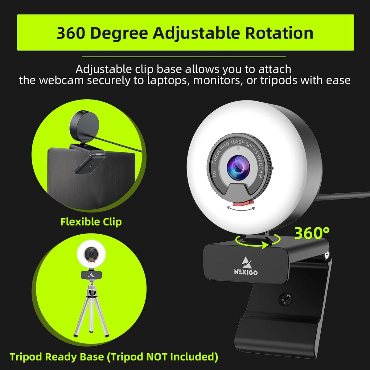 1080P 60FPS Webcam with Light, AutoFocus, Privacy Cover, USB Web Camera, Dual Stereo Microphone U268497