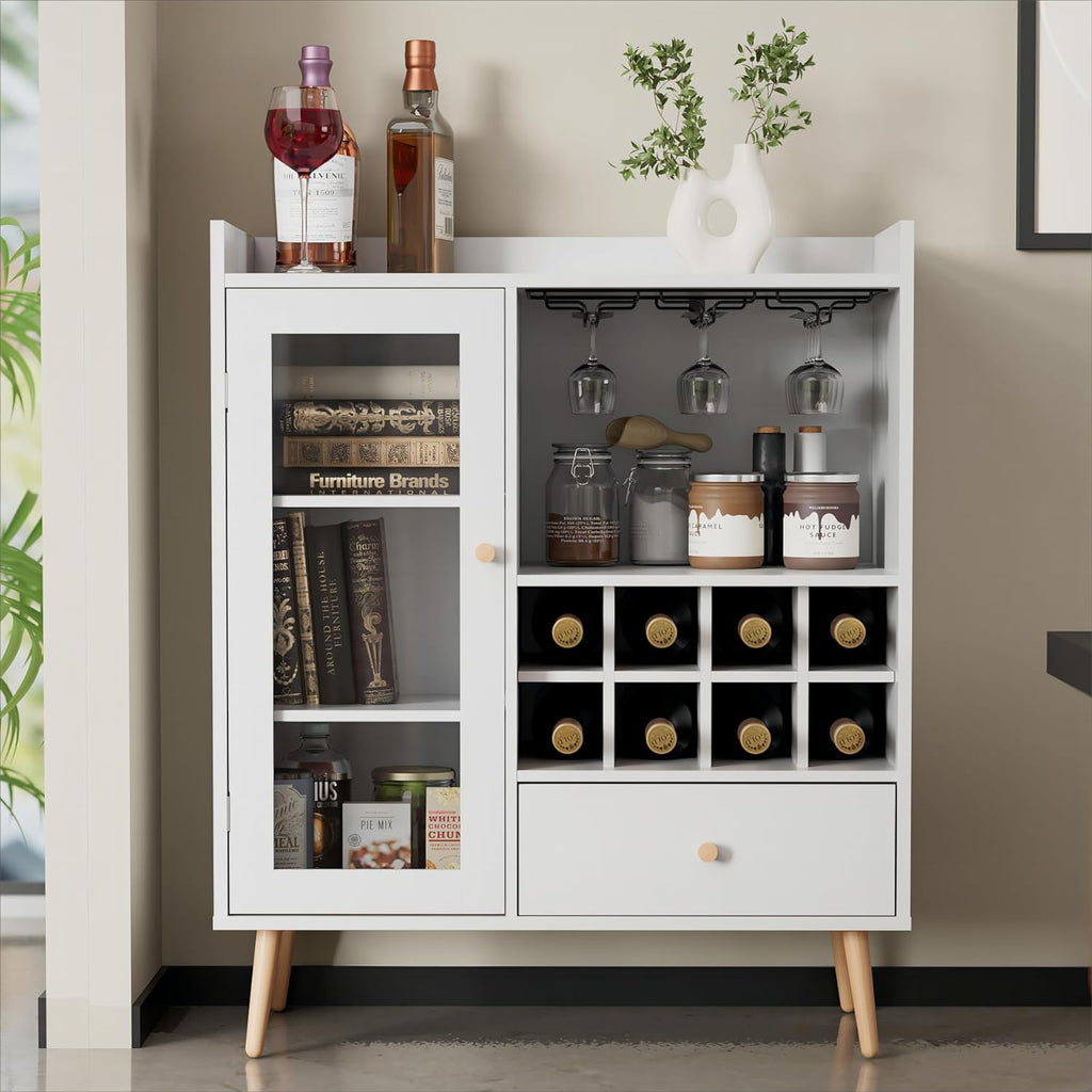 White Coffee Bar Cabinet with Storage, Mid-Century Modern Buffet Sideboard with Removable Wine Rack, Acrylic Door S232389