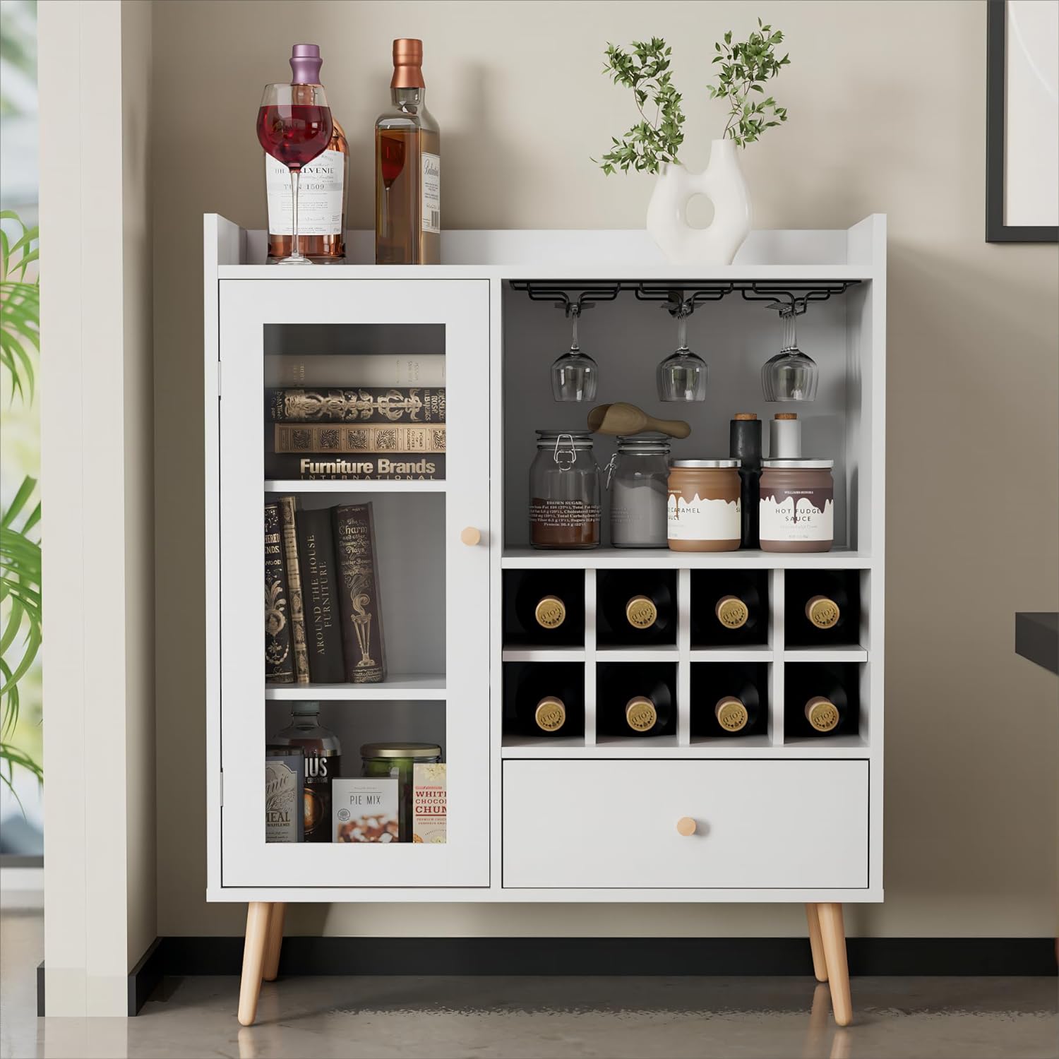 White Coffee Bar Cabinet with Storage, Mid-Century Modern Buffet Sideboard with Removable Wine Rack, Acrylic Door S232389