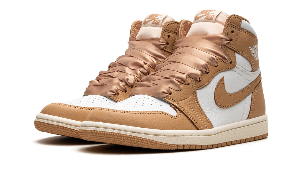 Air Jordan 1 Retro High OG Sneakers - Tan and White with Satin-Style Ribbon Laces