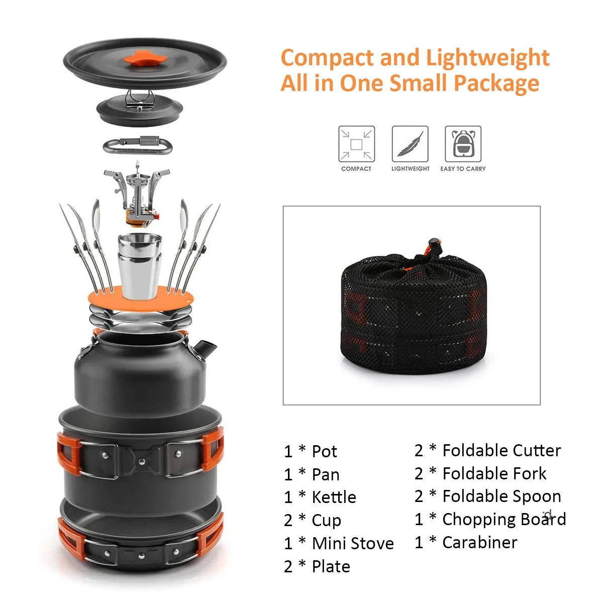 Camping Cookware Mess Kit Pot Pan Kettle Cooking Set Tableware with Stove Spoon Fork Cutter U101