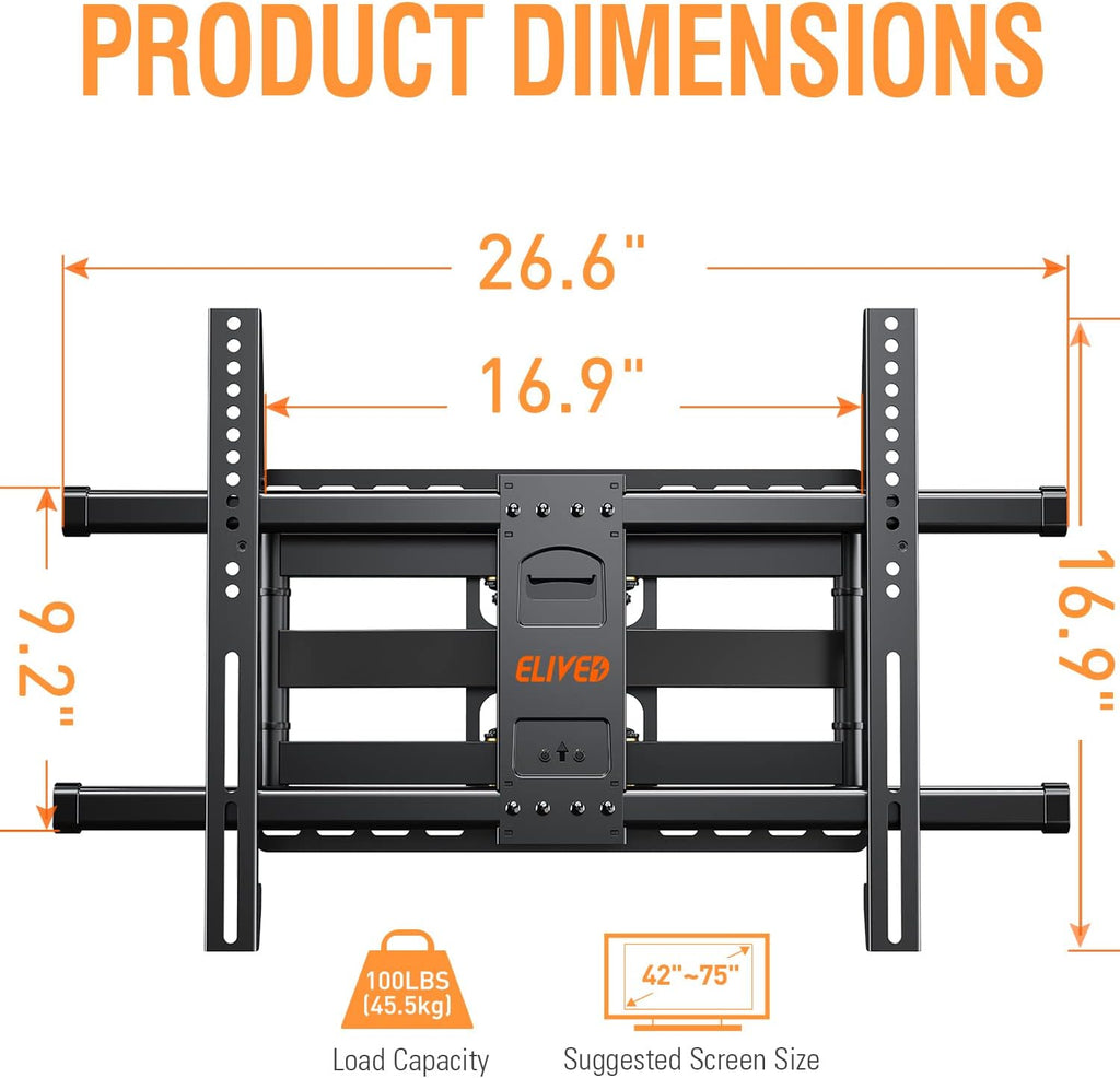 Full Motion 6-Arm TV Wall Mount for 42-75 Inch Flat Screen TVs, Max VESA 600x400mm, 100 lbs, Pack of 2 T65254