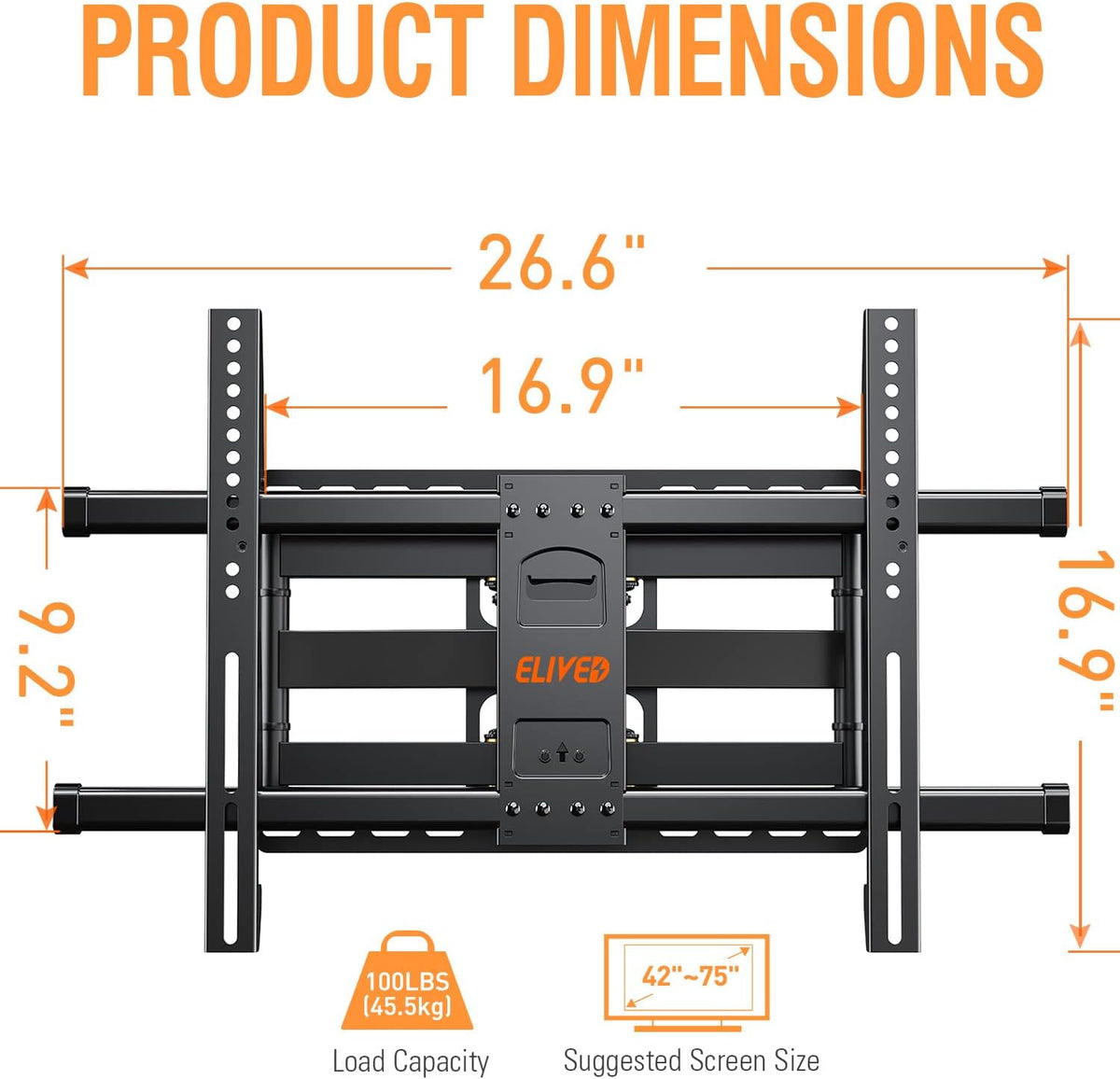 Full Motion 6-Arm TV Wall Mount for 42-75 Inch Flat Screen TVs, Max VESA 600x400mm, 100 lbs, Pack of 2 T65254